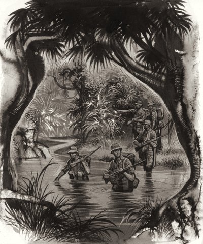 ANZAC troops crossing a jungle river during a World War II patrol by Ron Embleton