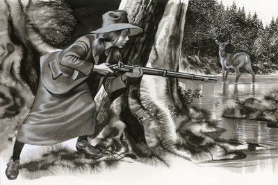 Annie Oakley Shooting a Buck by Ron Embleton