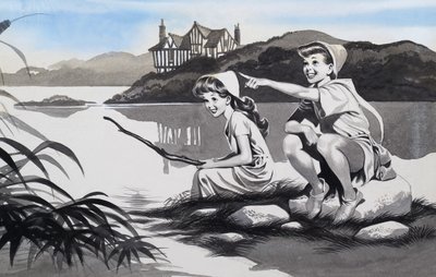 Boy and girl on lake by Ron Embleton