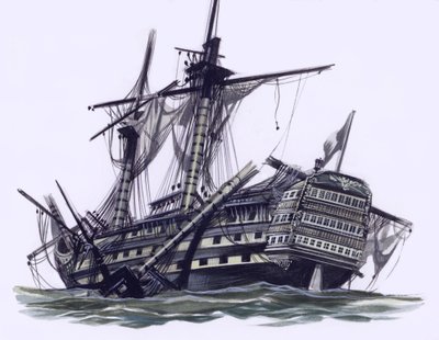 HMS Victory after the Battle Of Trafalgar, with mizzen topmast shot away by Ron Embleton