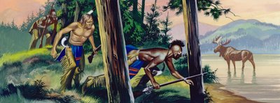 Native American Indians stalking an elk by Ron Embleton