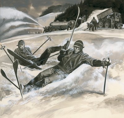 Skiers and snow machines by Ron Embleton