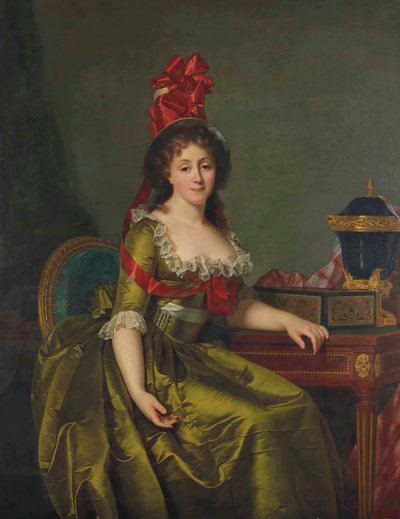 Portrait of a lady, in a green satin dress and a bonnet with red ribbons by Rose Adelaide Ducreux