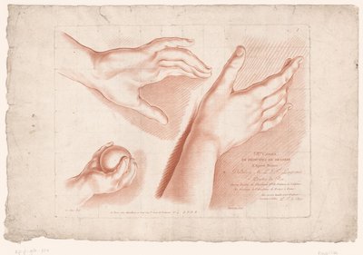 Title print with three hands (Principles of Drawing from Nature, part eight series) by Louis François Roubillac