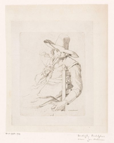 Man Smoking a Pipe with a Top Hat on a Chair by Rudolphus Sondagh