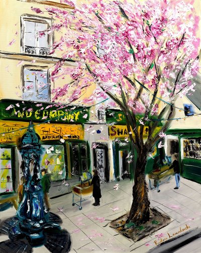 Cherry Blossoms at Shakespeare and Co Paris - with gold embellishment, 2023 by Ruslana Levandovska
