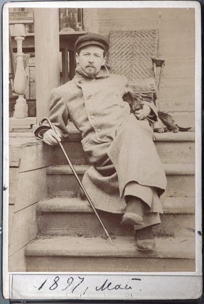 Portrait of Anton Chekhov with His Dog Hina in May 1897 at Melikhovo by Russian Photographer