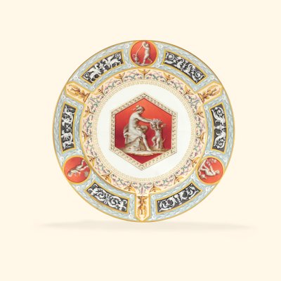 A porcelain dinner plate from the Raphael Service, the centre depicting a classicising lady and a putto, 1903 by Russian School