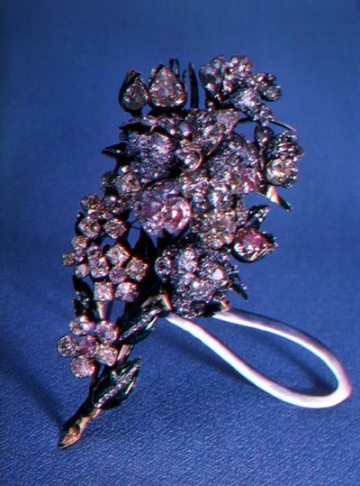 Brooch in the Form of a Bouquet of Flowers Set with Brilliant Cut Diamonds and Enamel Decoration by Russian School