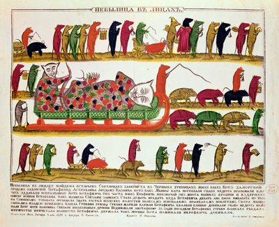 Burial of a cat by the mice, caricature of Tsar Peter the Great (1672-1725) 1850 by Russian School