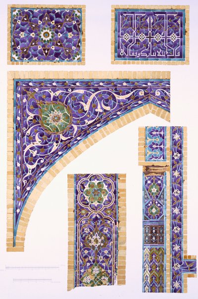 Decorative Tilework in Blue, Green and Cream with Gold Outlines by Russian School