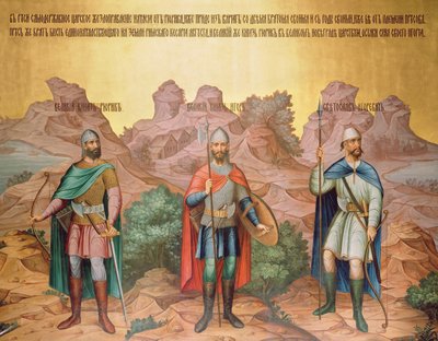 Grand Princes Rurik, Igor and Sviatoslav, mural by Palekh masters in the Faceted Chamber, 1882 by Russian School