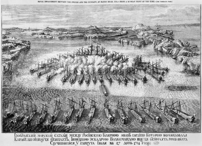 Naval battle between the Swedes and the Russians at Hango Head, 1714 by Russian School