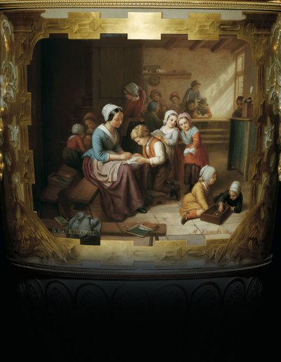 Painted Detail from an Alexander II Two-Handled Porcelain and Gold Leaf Vase, Depicting a School Room Scene by Russian School