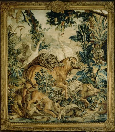 Tapestry depicting wild beasts fighting at a watering hole by Russian School