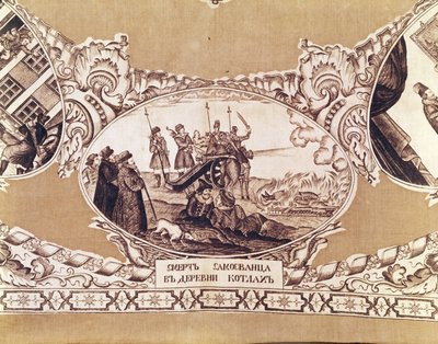 The execution of the False Dimitri, detail from a shawl depicting the history of the royal imposter by Russian School