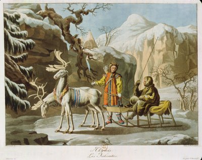Yakuts of Central Siberia in Winter Landscape, Clad in Furs and with a Reindeer Sledge, Published 1813 by Russian School