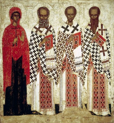 Paraskeva Pyatnitsa, Gregory the Theologian, John Chrysostom and Basil the Great, early 15th century by Russian icon.