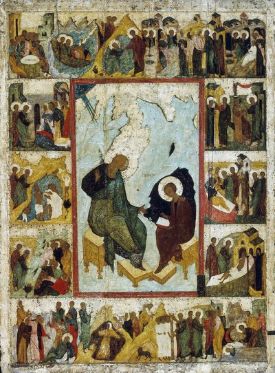 Saint John the Evangelist on Patmos with Scenes from His Life by Russian icon.
