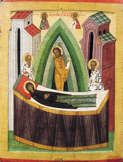 The Dormition of the Virgin, early 15th century by Russian icon.