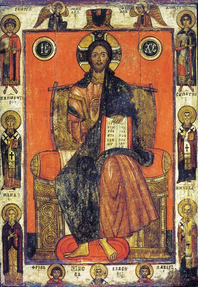 The Saviour Enthroned with Selected Saints by Russian icon.