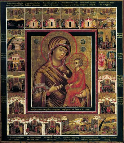 The Virgin of Tikhvin with Border Scenes by Russian icon.