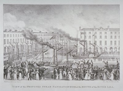 View of the proposed steam navigation dock at the mouth of the River Lea, c.1835 by S. Hemming