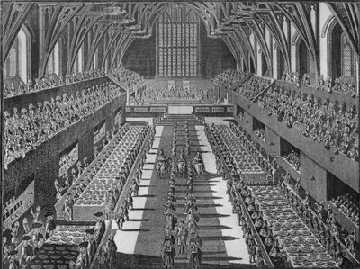 The interior of Westminster Hall at the coronation banquet of King George II, 1727 1911 by S Moore