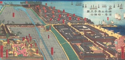 Detailed Print of Yokohama Hon-cho and the Miyozaki Pleasure Quarter, 4th month, 1860 by Sadahide Utagawa