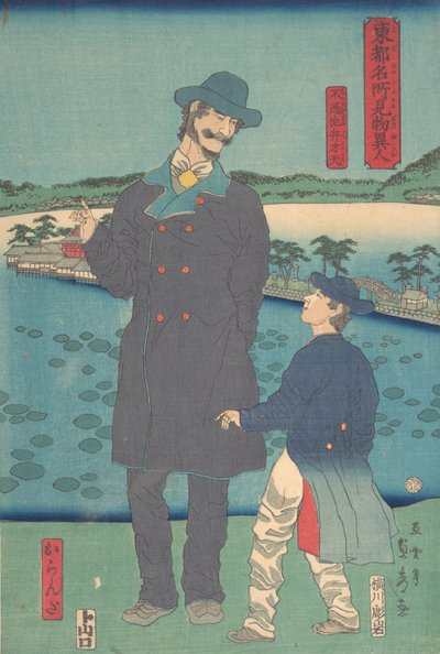 Dutchman and Child Viewing the Benten Shrine at Shinobazu Pond by Sadahide Utagawa