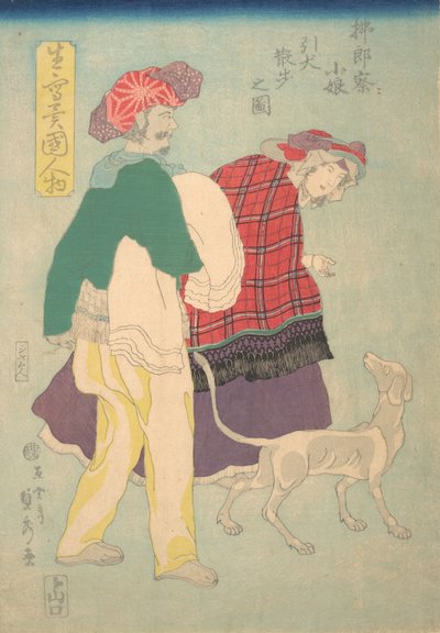 French Girl Walking a Dog Accompanied by a Siamese Servant by Sadahide Utagawa