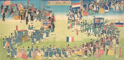 Procession of People from Five Countries: Holland, Russia, France, England and America by Sadahide Utagawa