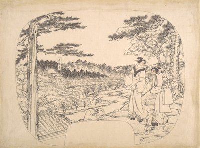Two Women Admiring the Sights from a Vantage Point...the Zenpukuji Temple by Sadahide Utagawa