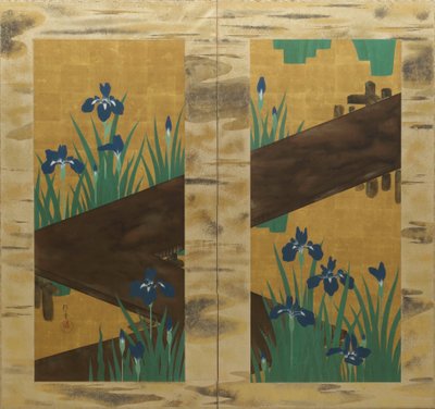 Irises and Eight-Fold Bridge by Sakai Hoitsu