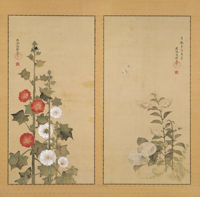 Lilies with Hydrangea and Hollyhocks by Sakai Hoitsu