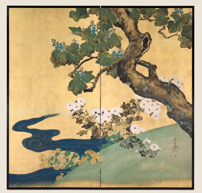 Paulownias and Chrysanthemums, two-fold screen by Sakai Hoitsu