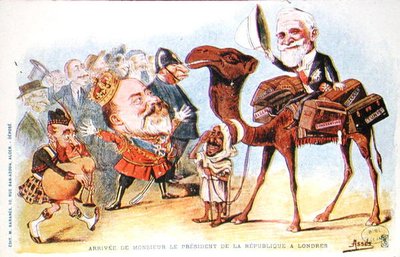 Caricature of the arrival of President of the French Republic, Emile Loubet in London in 1903 by Salomon Assus