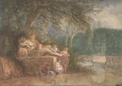 A Park with Figures at a Statue near Water by Salomon Gessner
