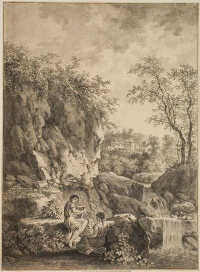 Rocky Landscape with a Stream. In the Foreground a Young Man with a Reed Flute and a Young Woman by Salomon Gessner