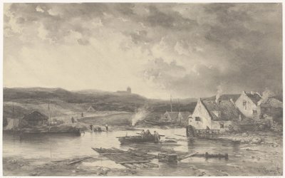 River Landscape with Some Houses and a Watermill by Salomon Leonardus Verveer