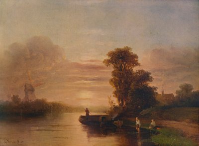 Sunset on a River, with Windmill and Cottage by Salomon Leonardus Verveer