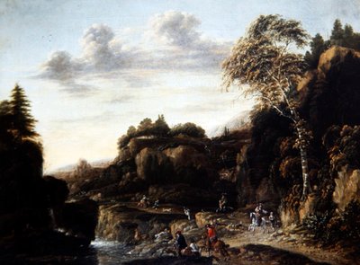 Wooded Landscape with Stag Hunt by a River by Salomon Rombouts