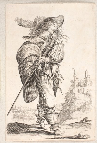 Walking man, three-quarter profile to the right, reaching for the sword at his hip. In the background a castle by Salomon Savery
