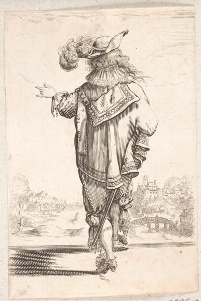 Walking Man with Feathered Hat, Gesturing with His Left Hand. In the Background, a City by a River by Salomon Savery