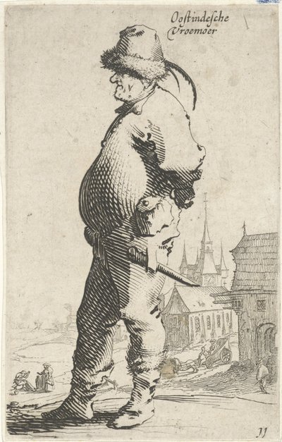 Man in profile, with a church and a building with a gallery in the background by Salomon Savery