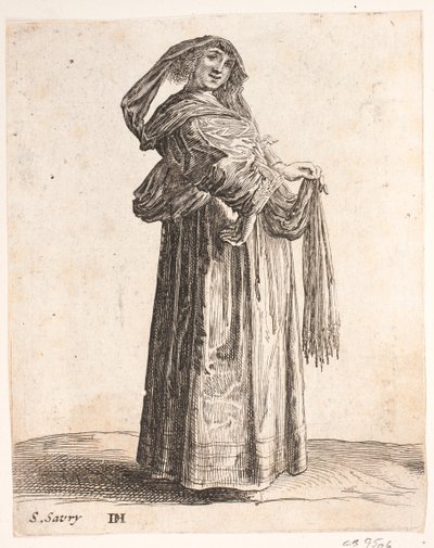 Woman Standing in Right Profile, Head Turned to Front, Wearing Scarf in Hair by Salomon Savery