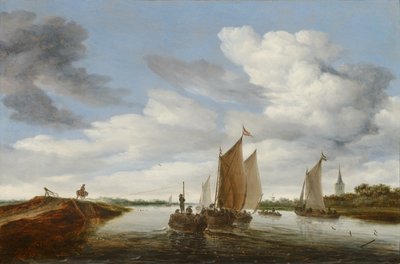 River Landscape with Sailing Boats and a Horse-Drawn Barge by Salomon van Ruisdael or Ruysdael