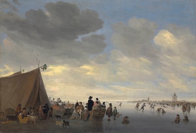 Skaters on the Frozen River Lek, the Town of Vianen Beyond, 1653 by Salomon van Ruisdael or Ruysdael