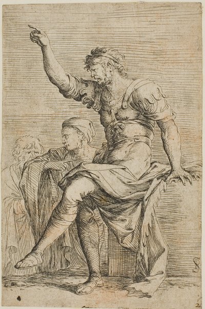 A warrior sits on a block and gestures; two figures are behind him, from Figurine series by Salvator Rosa