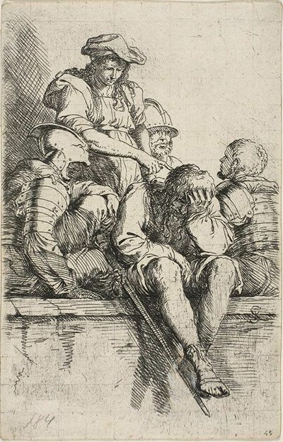 Four Warriors and a Standing Youth, Who Points Down at One of Them, from Figurine Series by Salvator Rosa